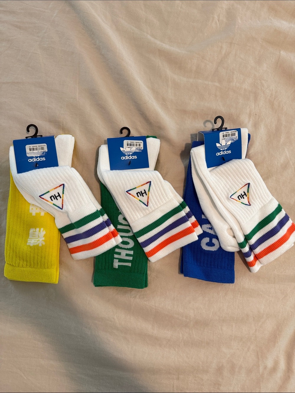 adidas White Crew Socks with Green, Purple & Orange Stripe Detail - 3 Pair Set